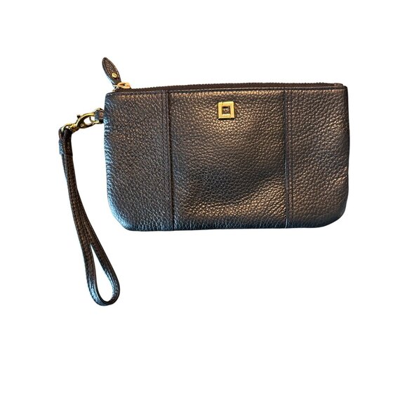 Lodis Wristlet Black Pebbled Leather 5" X 8" Wallet Goldtone With Strap - Picture 4 of 8